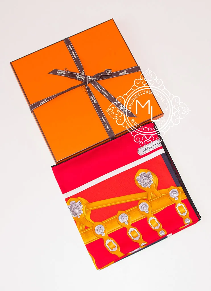 Hermes Red Twill Silk 90 cm Harnais de Cour Scarf