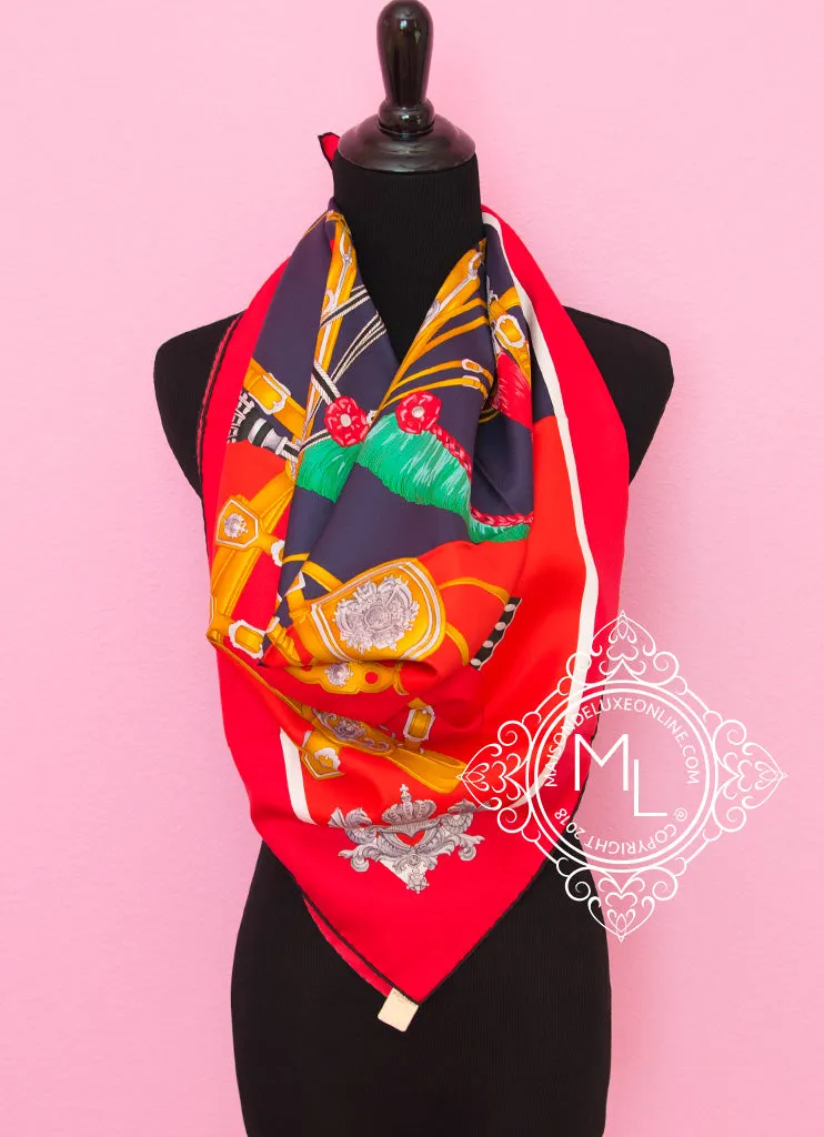 Hermes Red Twill Silk 90 cm Harnais de Cour Scarf