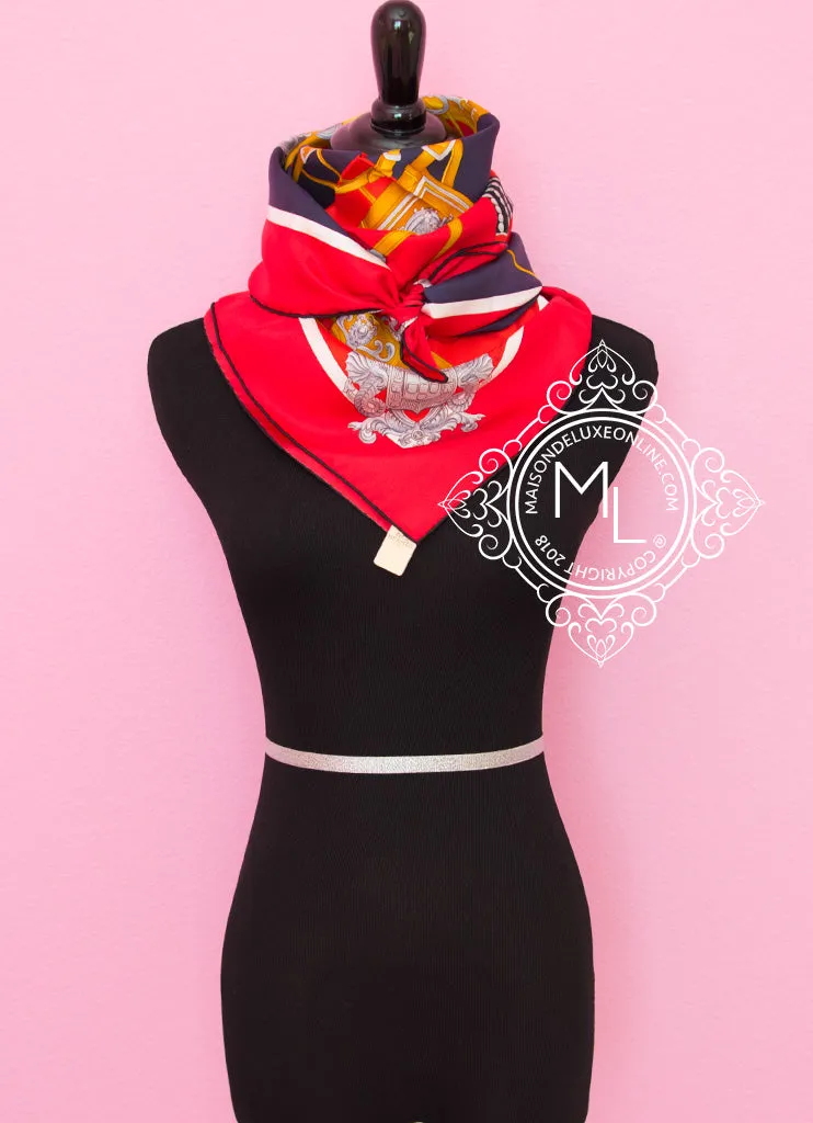 Hermes Red Twill Silk 90 cm Harnais de Cour Scarf