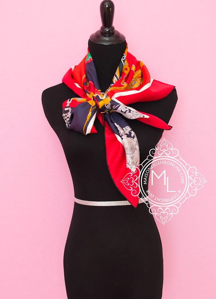 Hermes Red Twill Silk 90 cm Harnais de Cour Scarf
