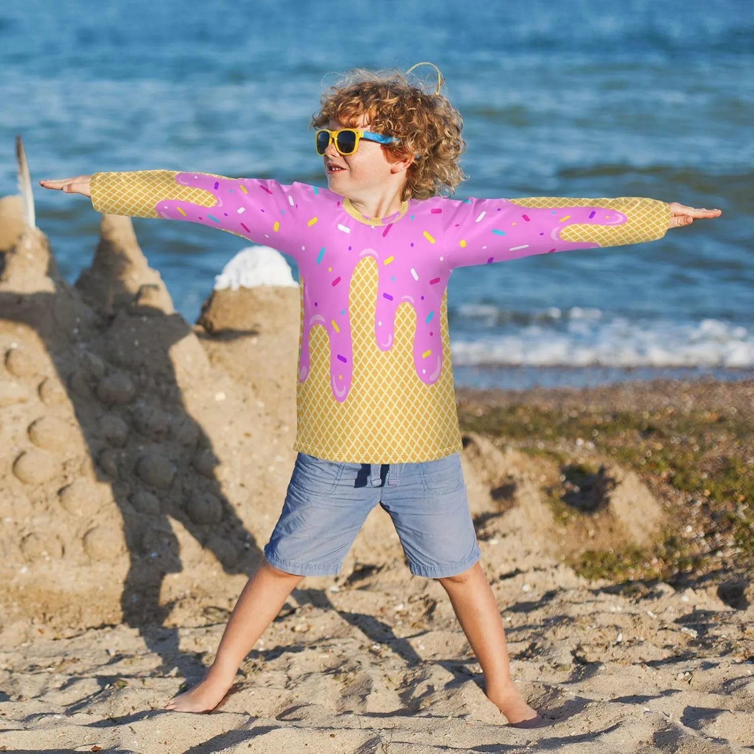 Ice Cream Boys Rash Guard Long Sleeve UPF 50  Sun Protection Boys Swim Shirt Quick Dry Shirt for 3-12 Years
