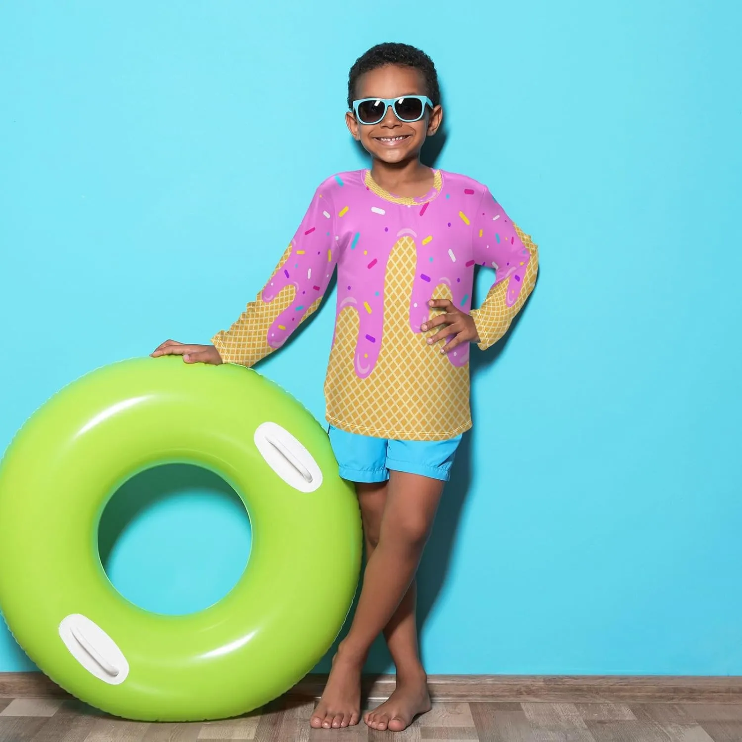 Ice Cream Boys Rash Guard Long Sleeve UPF 50  Sun Protection Boys Swim Shirt Quick Dry Shirt for 3-12 Years