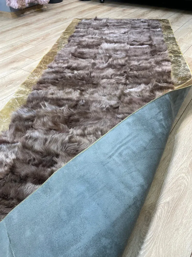 Luxury Brown Fluffy Natural Sheepskin Rug with Gold Border, Handamde Elegance