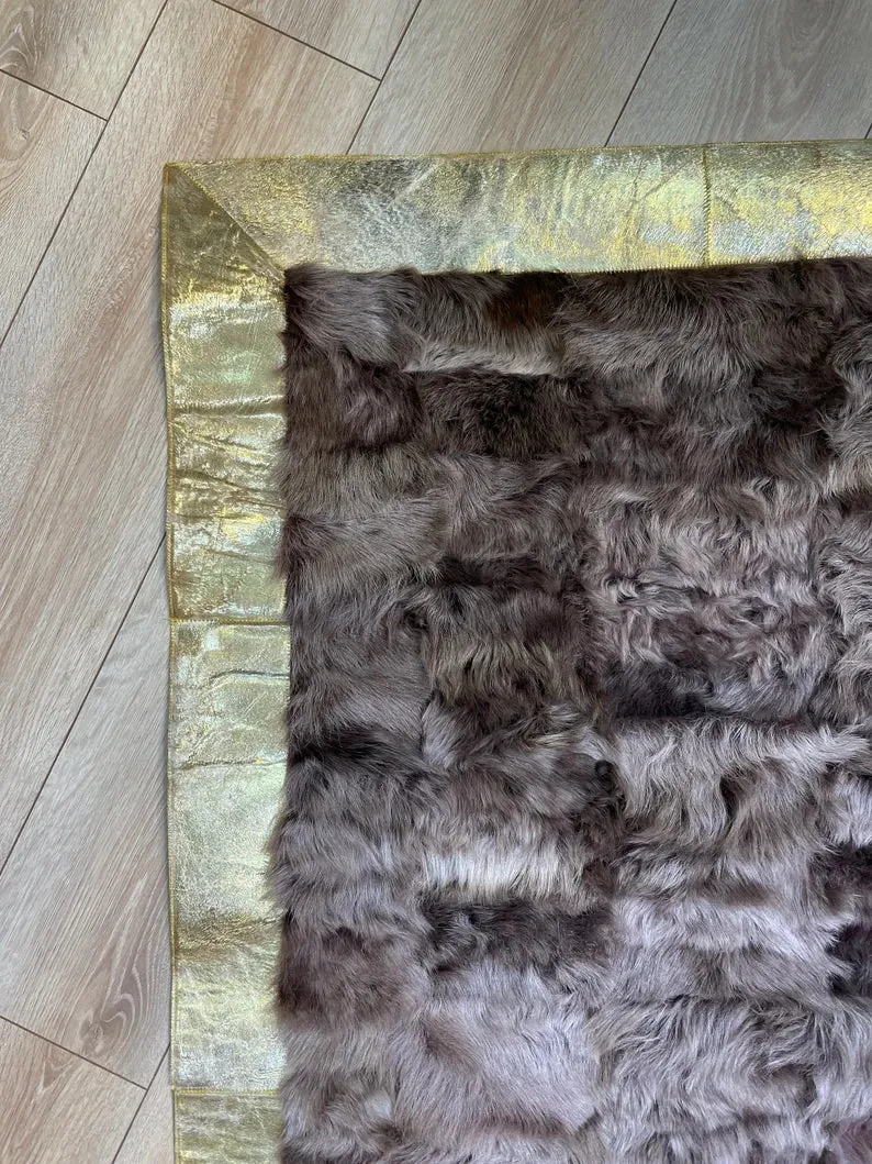 Luxury Brown Fluffy Natural Sheepskin Rug with Gold Border, Handamde Elegance