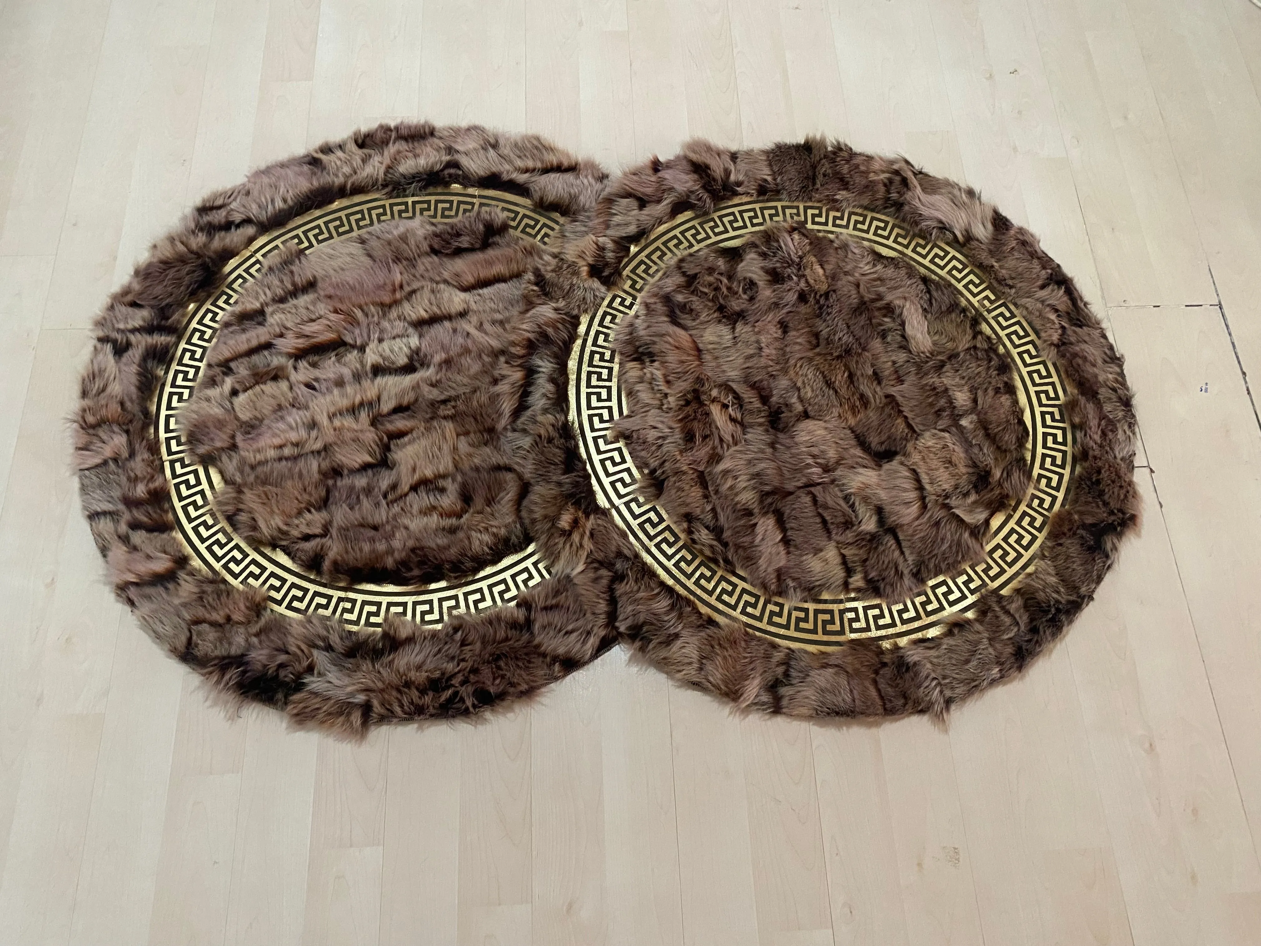 Patchwork Fluffy Soft Brown Gold Organic Sheepskin Handmade Round Rug