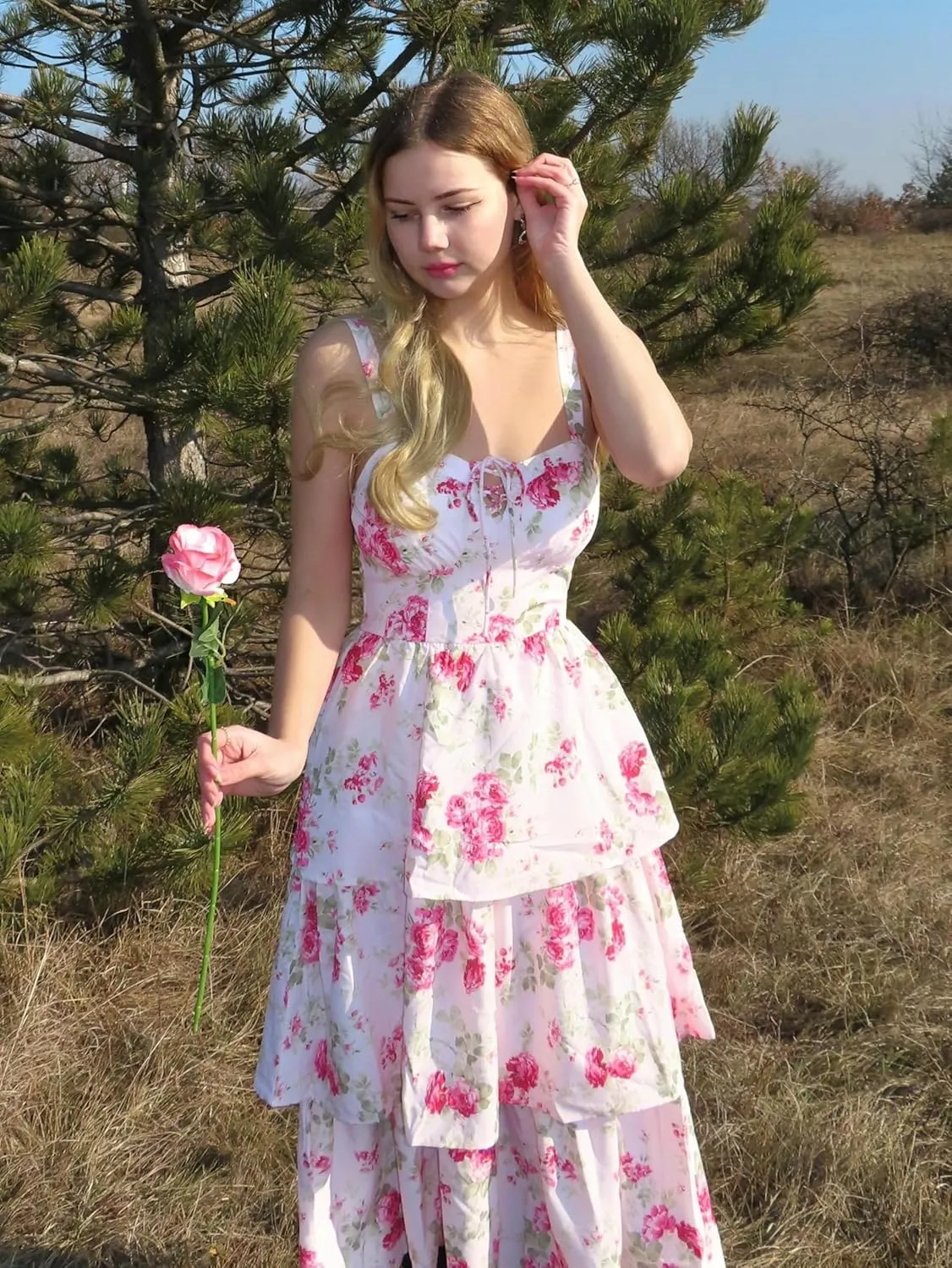 Scarlet Darkness Women's Floral Maxi Dress Summer Wedding Guest Dress Tiered Sleeveless Lace Up Corset Sundress