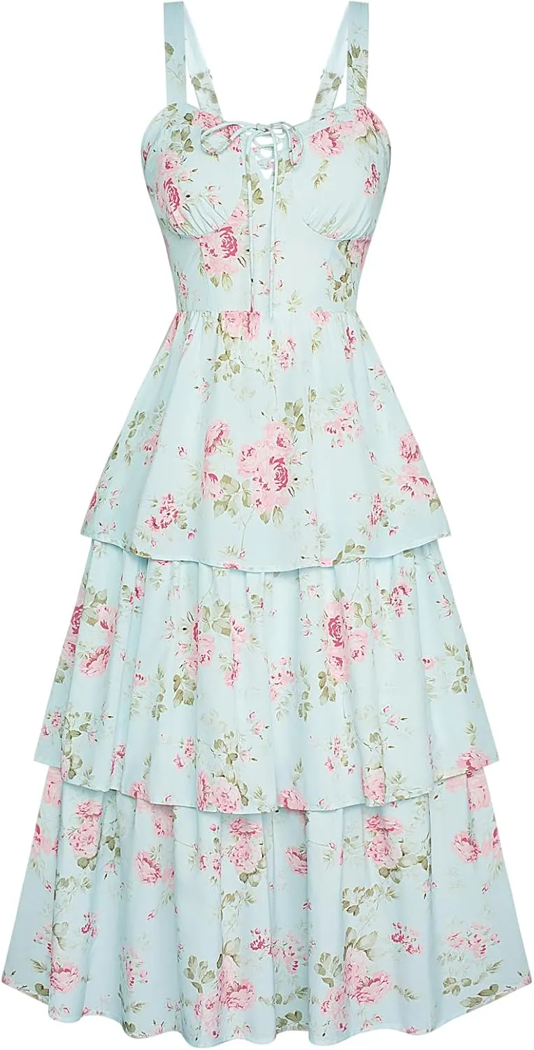 Scarlet Darkness Women's Floral Maxi Dress Summer Wedding Guest Dress Tiered Sleeveless Lace Up Corset Sundress