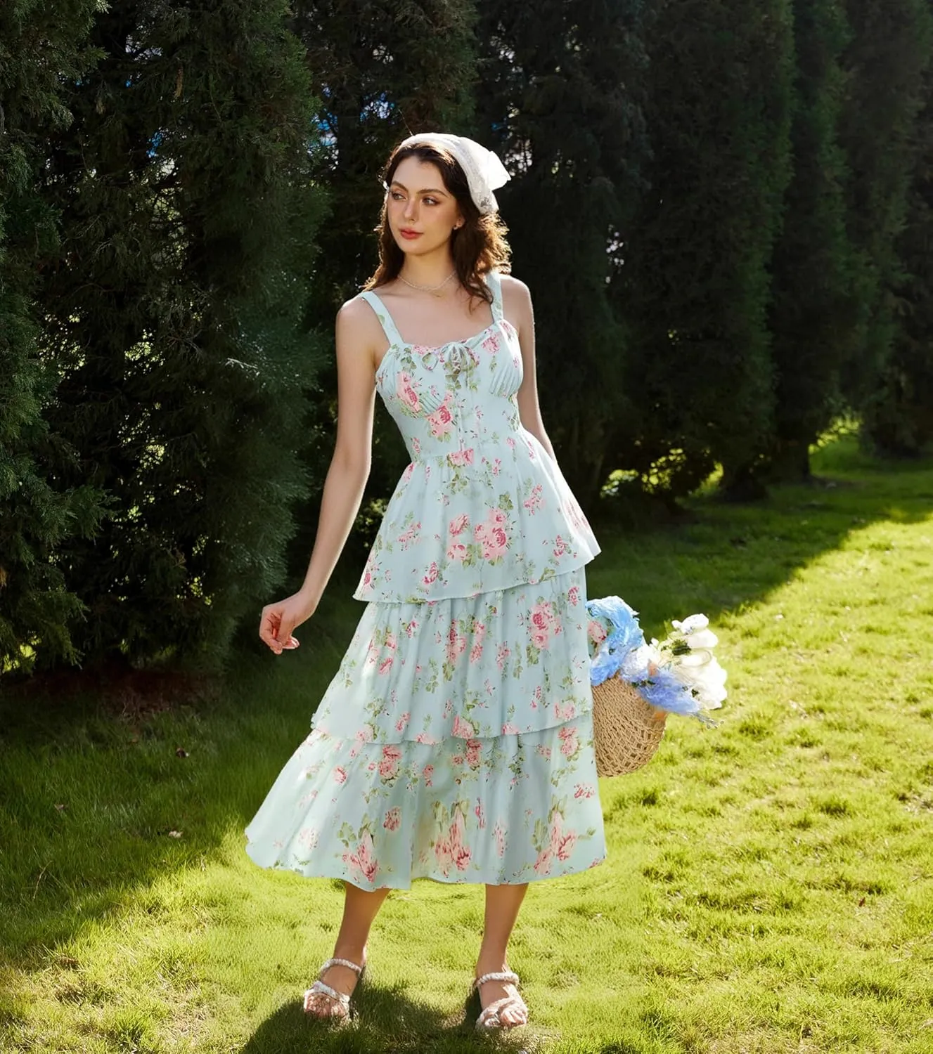 Scarlet Darkness Women's Floral Maxi Dress Summer Wedding Guest Dress Tiered Sleeveless Lace Up Corset Sundress
