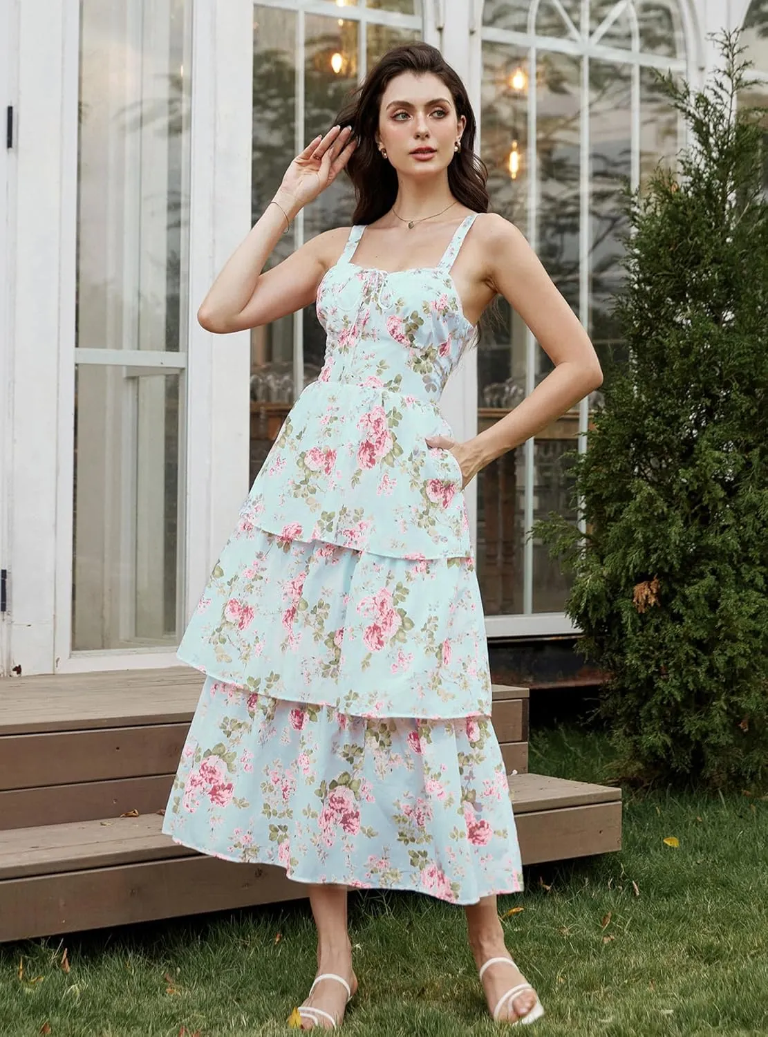 Scarlet Darkness Women's Floral Maxi Dress Summer Wedding Guest Dress Tiered Sleeveless Lace Up Corset Sundress