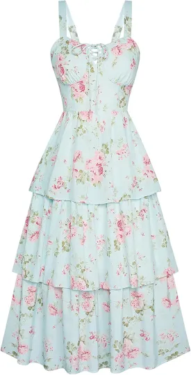 Scarlet Darkness Women's Floral Maxi Dress Summer Wedding Guest Dress Tiered Sleeveless Lace Up Corset Sundress