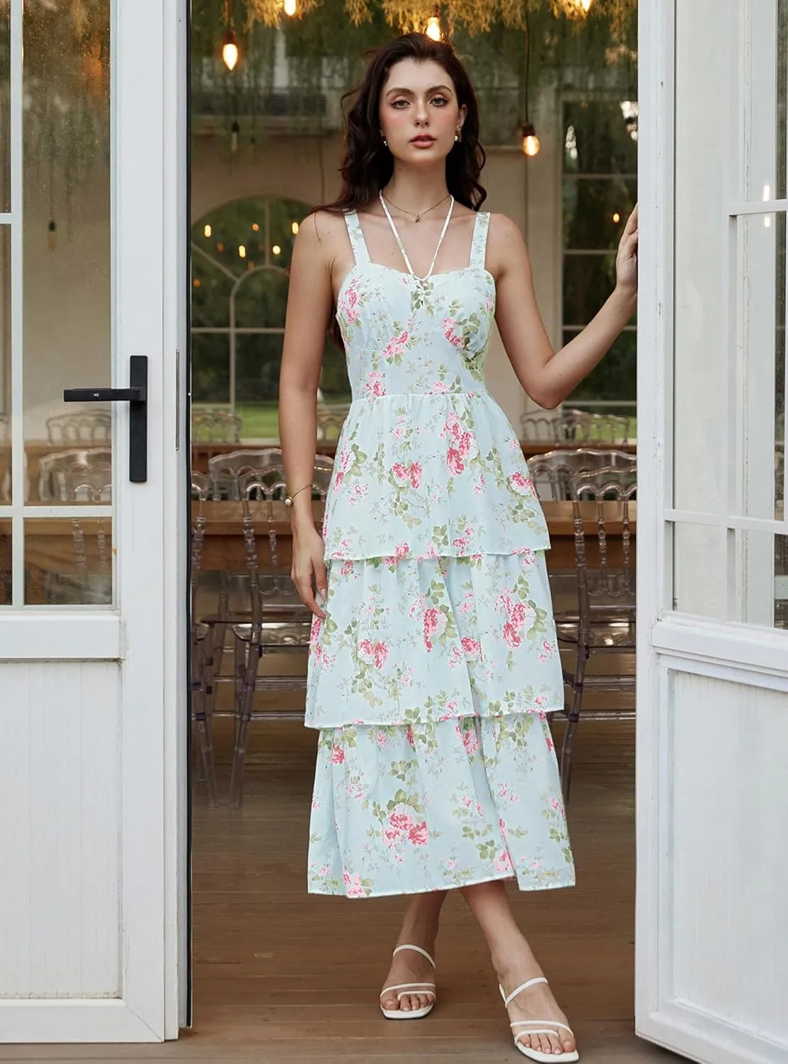 Scarlet Darkness Women's Floral Maxi Dress Summer Wedding Guest Dress Tiered Sleeveless Lace Up Corset Sundress
