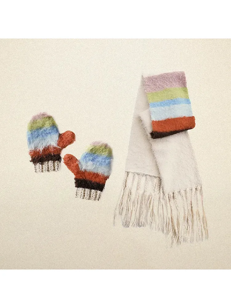 Stripe gloves hand knitted tassel scarf【s0000005991】