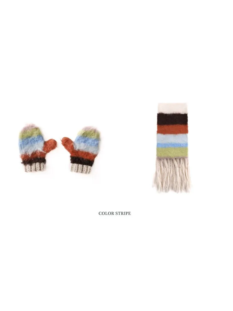 Stripe gloves hand knitted tassel scarf【s0000005991】