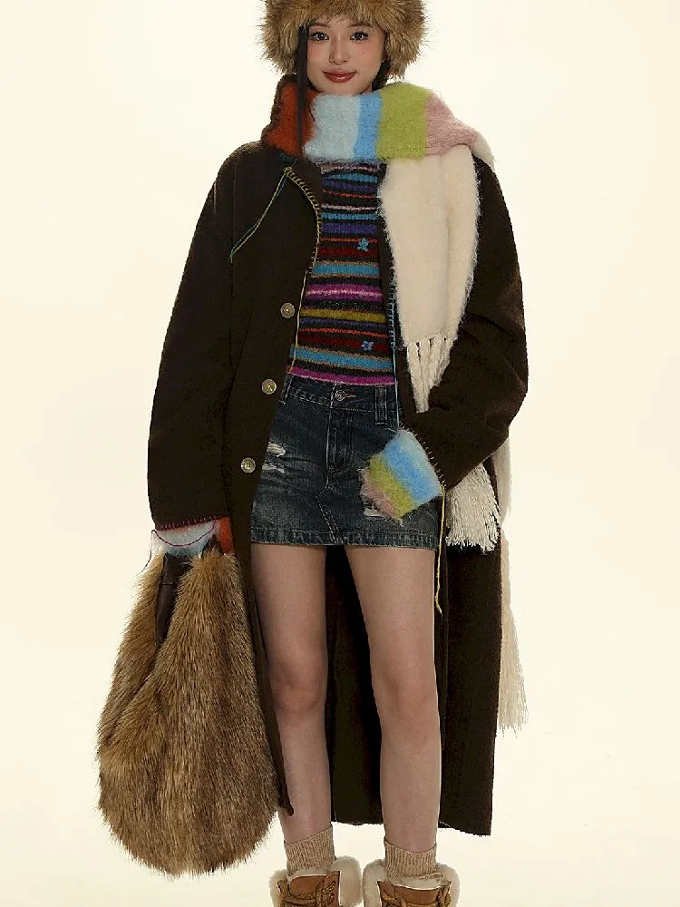 Stripe gloves hand knitted tassel scarf【s0000005991】