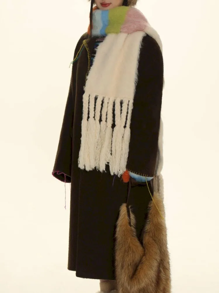 Stripe gloves hand knitted tassel scarf【s0000005991】