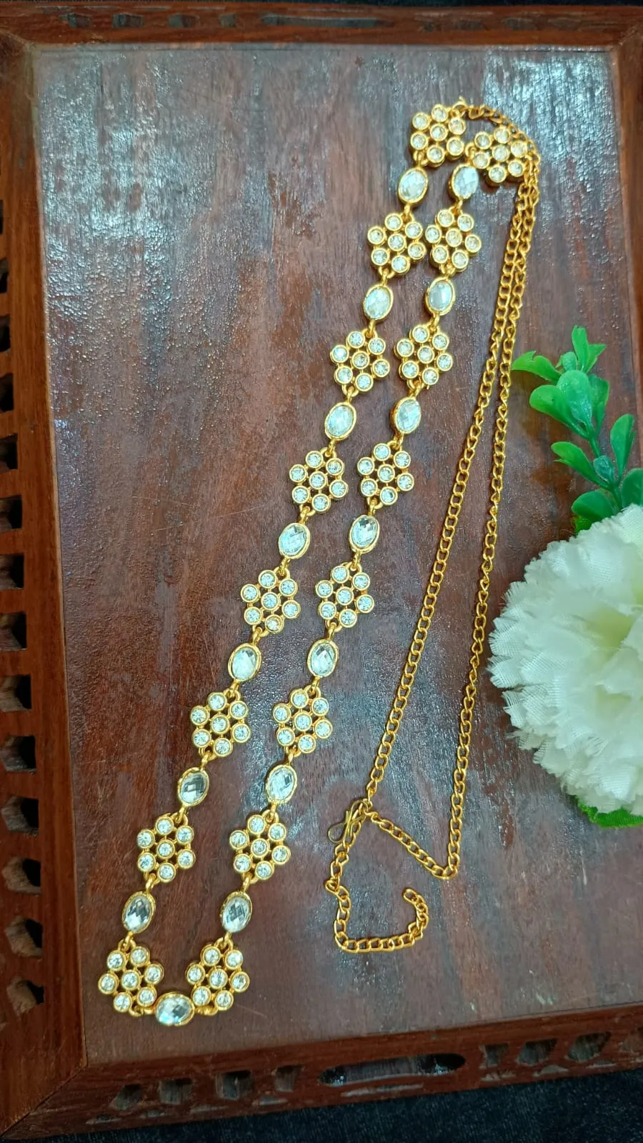 Stunning White Color Stone Worked Antique Gold Floral Design Hip Chain