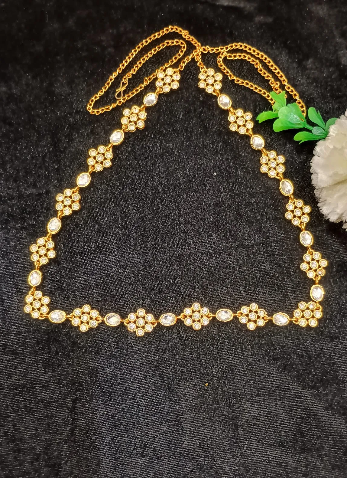 Stunning White Color Stone Worked Antique Gold Floral Design Hip Chain