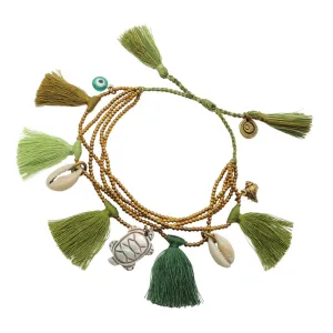 Treasure Island Charms Multi Tassel Beaded Cord Bracelet