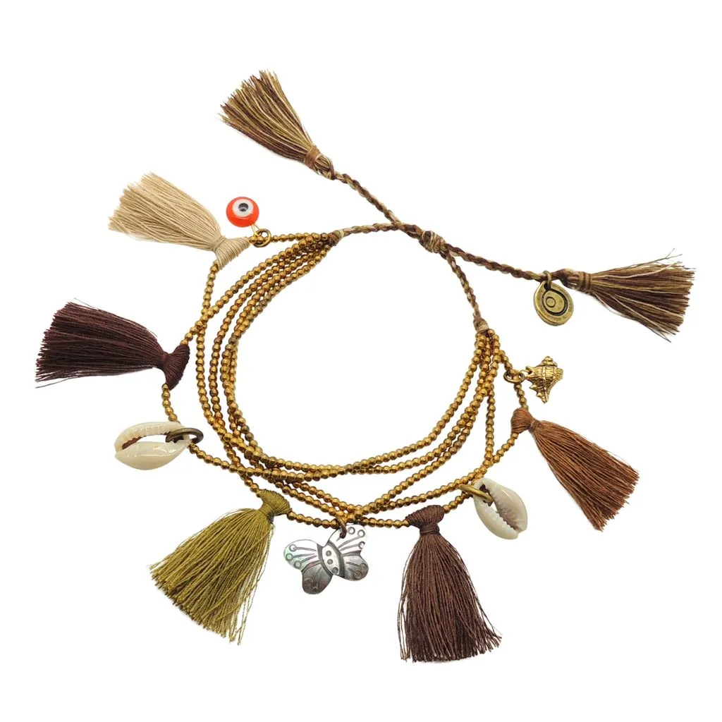Treasure Island Charms Multi Tassel Beaded Cord Bracelet