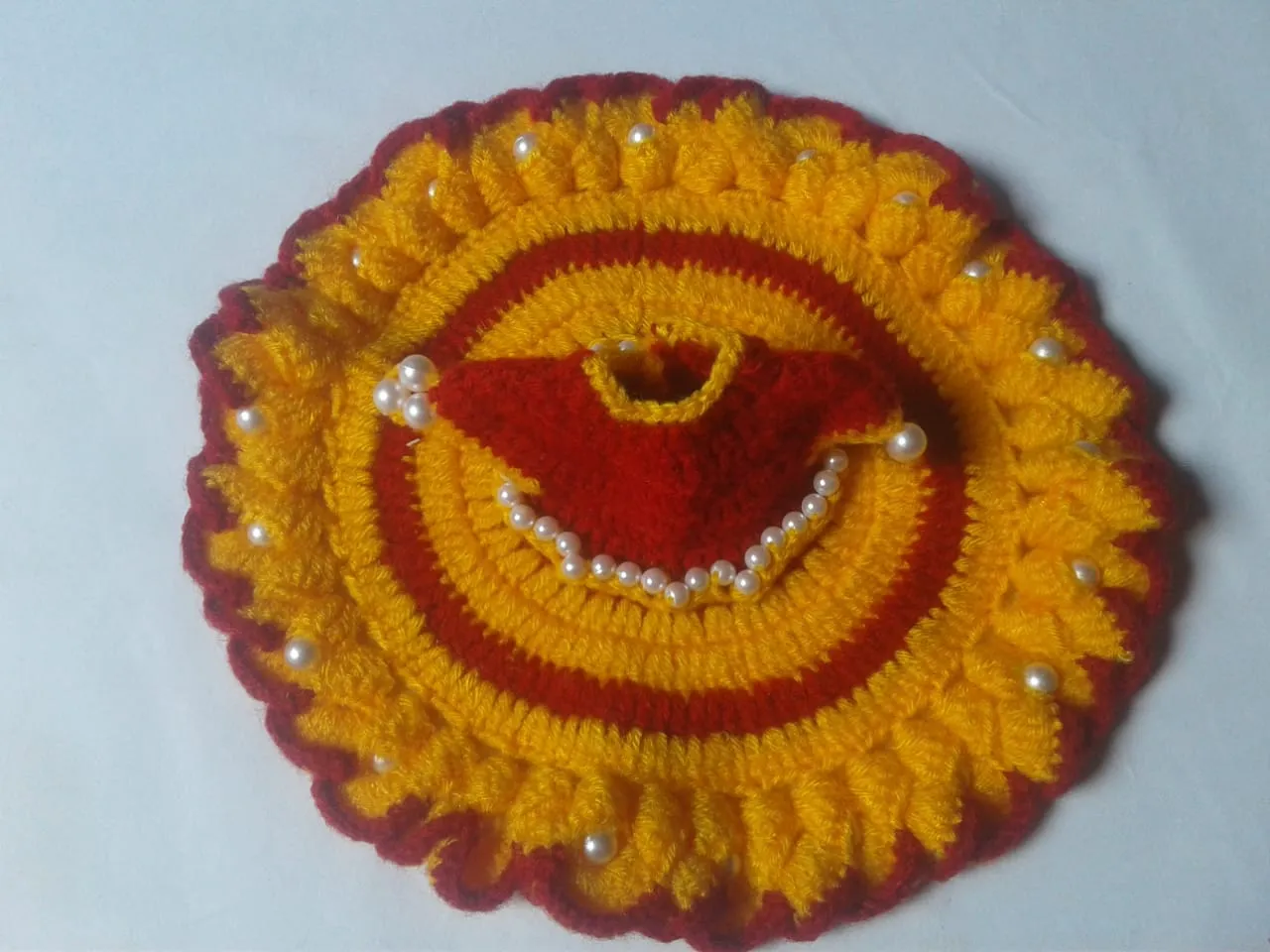 Unique Handmade Graminarts Red & Marigold Color Crochet Warm Dress For 1 No. Laddu Gopal Ji