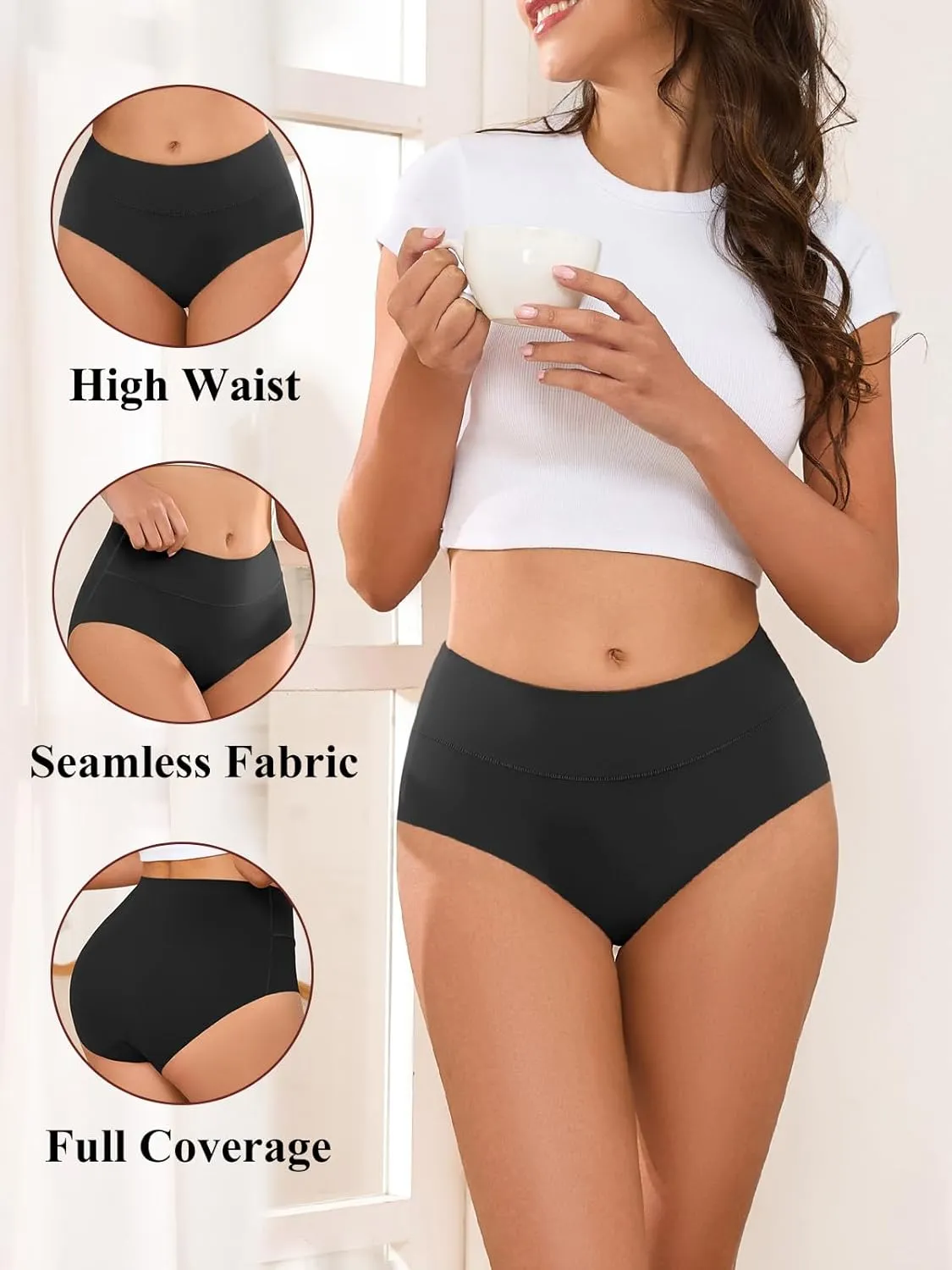 Women's Seamless Underwear High Waisted Tummy Control No Show Panties Full Coverage Stretch Briefs 4 Pack