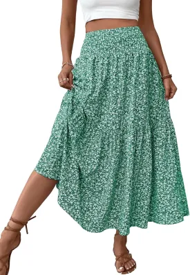 Women's Smocked High Waist Maxi Skirt Casual Boho Long Skirts with Pockets