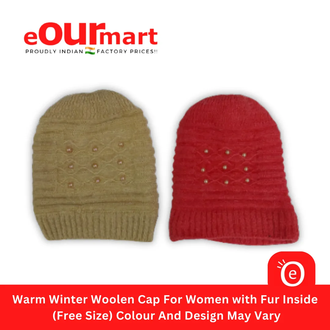 Woolen Cap For Women with Fur Inside | (Free Size) Colour And Design May Vary